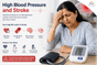 Woman checking high blood pressure with stroke risk and brain blood vessel damage illustration