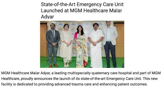 State-of-the-Art Emergency Care Unit Launched at MGM Healthcare Malar Adyar